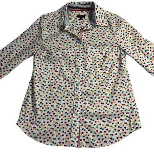Talbots Heart Print Button‎ Down Shirt Long Sleeve Career Casual Petite Small